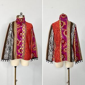 Azuleros NWT French Boho Jacquard Knit Jacket M Mix Print Flora Zebra Statement